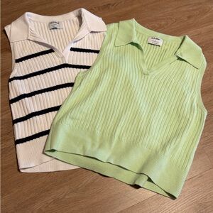 Old Navy Bundle Ribbed Sleeveless Polo Tops - Lime Green & White Black Stripes